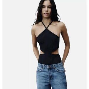 Zara Rib Cutout Y2K Halter Bodysuit Black ( S )